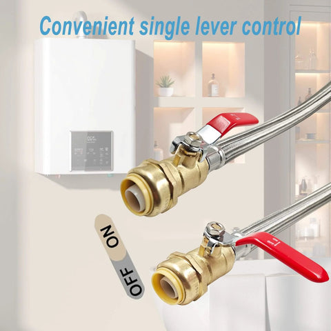 Three Quarter Inch Ball Valve Water Heater Hose Connector Set with stainless steel braided flexible design, visible ball valve lever.