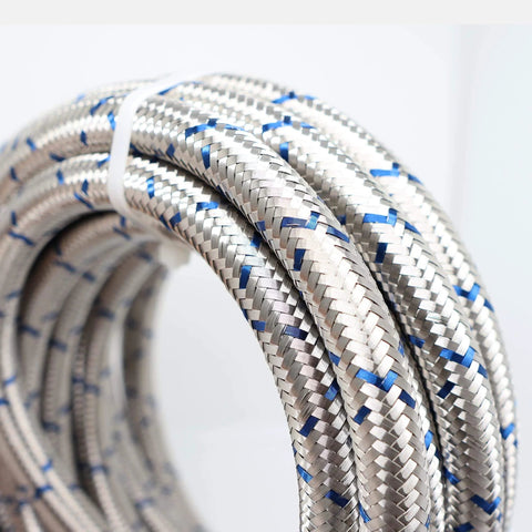 Close-up of Three Eighth Inch Stainless Steel Braided Fuel Line Hose E85 Compatible Kit with 30 Feet Length, highlighting braided detail.