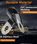 Close-up of a rubber-coated insulated cable clamp with PVC molding, highlighting shock absorption and rust prevention features.