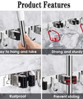 Collage of Wall Mount Broom And Mop Holder With Five Racks And Four Hooks Stainless Steel Heavy Duty Organizer Self Adhesive