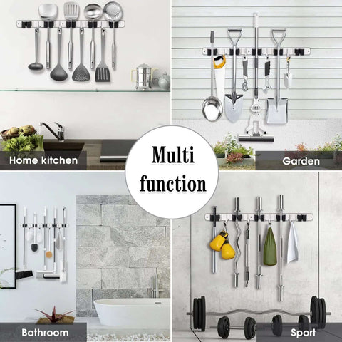 Wall Mount Broom And Mop Holder With Five Racks And Four Hooks Stainless Steel Heavy Duty Organizer in various home settings