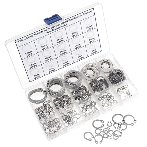 265 Piece Metric Stainless Steel C Clips External Retaining Ring Assortment Kit Includes 15 Sizes With Nominal Diameters 4Mm Through 20Mm For Quick On Hand Fixes Circlips Retaining Rings Automotive Plumbing Machinery Repairs HVAZI