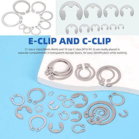 Over 300 Piece Stainless Steel C Clip And E Clip Retaining Ring Set By Glarks with various sizes displayed on blue surface