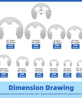 Dimension drawing of Over 300 Piece Stainless Steel C Clip And E Clip Retaining Ring Set By Glarks, various sizes displayed.