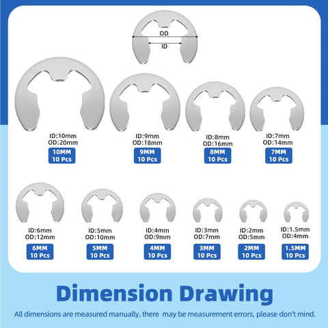 Dimension drawing of Over 300 Piece Stainless Steel C Clip And E Clip Retaining Ring Set By Glarks, various sizes displayed.