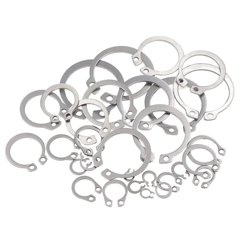 Variety of stainless steel C-clips from the 265 Piece Metric Stainless Steel C Clips External Retaining Ring Assortment Kit by HVAZI.