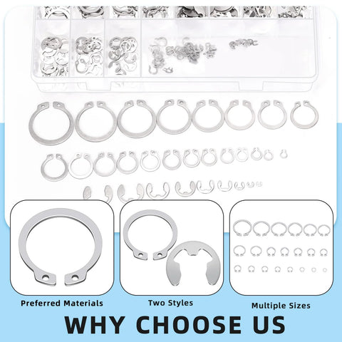 Over 300 Piece Stainless Steel C Clip And E Clip Retaining Ring Set By Glarks with organized box display and focused parts