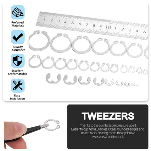 Over 300 Piece Stainless Steel C Clip and E Clip Retaining Ring Set By Glarks with ruler and tweezers for easy installation