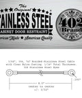 Stainless Steel Cabinet Door Restraint Kit Made in USA with specifications and dimensions illustration