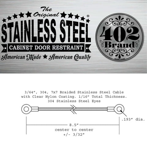 Stainless Steel Cabinet Door Restraint Kit Made in USA with specifications and dimensions illustration