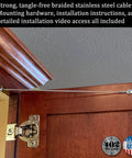 Stainless Steel Cabinet Door Restraint Kit. Made in USA. Flexible Braided Cable. Restrict Cabinet Door Swing in wooden cupboard.