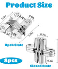 Diagram showing Eight Pack Stainless Steel Hidden Cabinet Hinges One And Three Quarters Inch 180 Degree Invisible in open and closed states