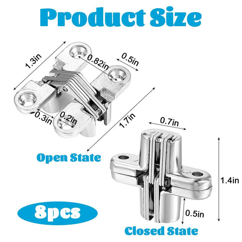 Diagram showing Eight Pack Stainless Steel Hidden Cabinet Hinges One And Three Quarters Inch 180 Degree Invisible in open and closed states
