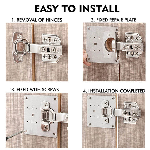 Installation guide for 8 Pcs Stainless Steel Cabinet Hinge Repair Plate Kit with screws on wooden kitchen cabinet