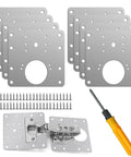 8 Pcs Stainless Steel Cabinet Hinge Repair Plate Kit with screws, mounting tools visible, brushed finish, designed for wooden cabinets and doors.
