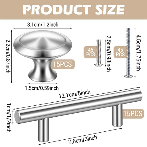 30 Piece Stainless Steel Cabinet Pulls And Knobs Set In Silver Matte Finish Includes 15 Cabinet Pulls And 15 Round Knobs With Installation Screws