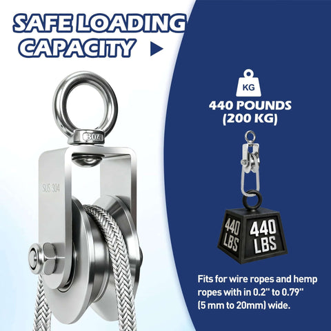 304 Stainless Steel Cable Pulley Wheel with Swivel Ball Bearings, U Groove 48mm, for gym and clothesline, safe loading capacity.