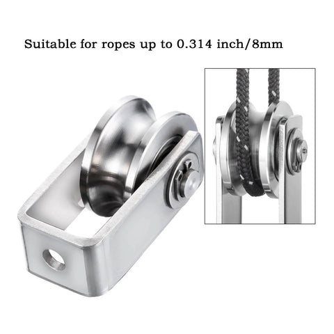 Dual-bearing cable pulley wheel set for rope systems, wall or ceiling mounted, shown in stainless steel, includes 2 pulleys