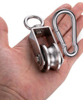 Hand holding Cable Pulley Block Heavy Duty Stainless Steel, Bearing Inside with 32ft Nylon Rope and 1 Hook,Swivel Single Pulley Wheel