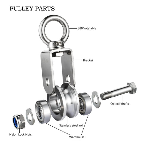 Heavy Duty Cable Single Pulley Block Wheel with Clip for Wire Rope with Ball Bearings, DIY Pulley System components displayed