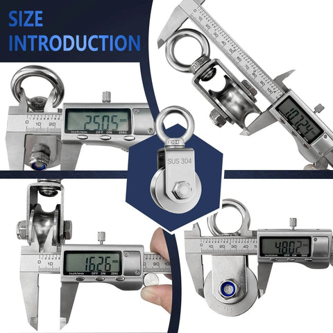 ✝️ Cable Pulley Wheel Stainless Steel with Ball Bearing Carabiner, close-up of measurements with caliper, material SUS 304