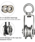 Detailed view of ✝️ Cable Pulley Wheel Stainless Steel, Bearing Inside, Rope Pulley for Pulley System, showing bearings and rope setup.
