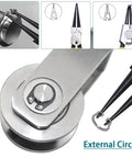 Close-up of stainless steel cable pulley wheel with external circlip, featuring silence rotation traction for gym equipment clothesline.