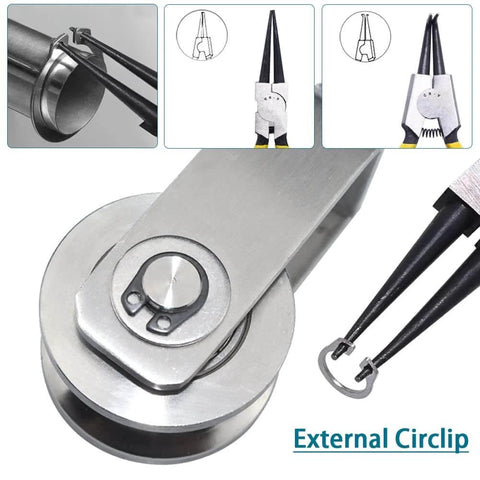 Close-up of stainless steel cable pulley wheel with external circlip, featuring silence rotation traction for gym equipment clothesline.