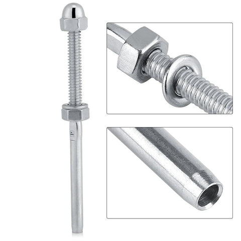 Close-up of Stainless Steel Cable Railing Hardware Kit 10 Pack One Eighth Inch Gauge showing tensioner and threaded stud.