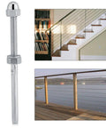 Stainless Steel Cable Tensioner Fitting With Threaded Stud For 1/8 Inch Railings, shown with indoor stair railing and outdoor deck applications.