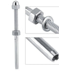 Stainless Steel Cable Tensioner Fitting With Threaded Stud for 1/8 Inch Railings, close-up and side view of threaded stud and fitting details