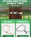 Heavy Duty Stainless Steel Fence Ties 11.8 Inch For Chain Link Fence Chicken Coop Dog Fence Outdoor Fencing And Thermal Insulation 304 Stainless Steel Cable Ties With Reinforced Locking Head To Prevent Loosening Sinlon displayed on a fence with comparison to nylon and galvanized options.