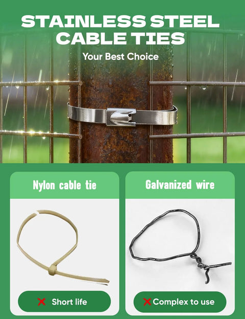 Heavy Duty Stainless Steel Fence Ties 11.8 Inch For Chain Link Fence Chicken Coop Dog Fence Outdoor Fencing And Thermal Insulation 304 Stainless Steel Cable Ties With Reinforced Locking Head To Prevent Loosening Sinlon displayed on a fence with comparison to nylon and galvanized options.
