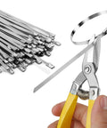 Heavy Duty Metal Zip Ties With Cutter For Outdoor Use UV Resistant Stainless Steel 11.8 Inch 50 Pack shown with cutter tool