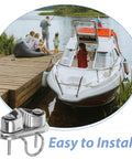 Veemoon stainless steel cam cleat, marine-grade 316, polished finish, shown beside a white motorboat.
