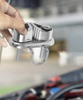 Close-up of Beavorty stainless steel cam cleat with swivel hinge and leading ring; 316 marine-grade deck hardware