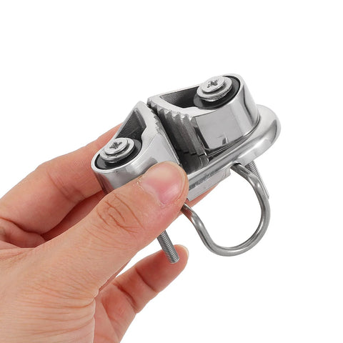 Close-up of Beavorty stainless steel cam cleat with swivel hinge and leading ring; marine-grade polished deck hardware