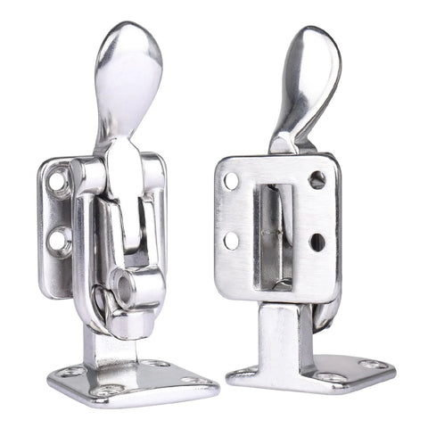 Front and side view of Two Pack 316 Stainless Steel Hold Down 90 Degree Locking Cam Latches Anti Rattle Hasps for boat use
