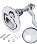 Marine grade 316 stainless steel cam latch with back plate and adjustable arm, mirror polish, with installation screws visible