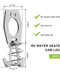 Secure, vibration-resistant cam lock keeps RV water heater doors firmly closed on the road, stainless steel dimensions