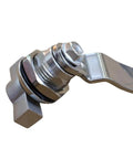 Close-up of sturdy stainless steel thumb operated offset cam lock delivers durable, keyless security for RV compartments, cabinets, doors.