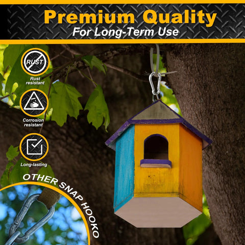 12 Pack Small Stainless Steel Carabiner Clips For Bird Feeders And Dog Leashes Harnesses Quick Link Keychains 40mm M4 Holds Up To 150 Lbs Durable 304 Stainless Steel shown hanging a bird feeder.
