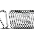 Stainless steel carabiners in a set of 10, showcasing heavy-duty build and lightweight design, ideal for various utility tasks.