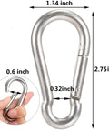Stainless steel carabiner clip with dimensions 2.75 x 1.34 inches shown in hand and standalone for size reference.