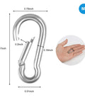 Diagram of 10 Pack Stainless Steel Carabiner Clips 304 Brushed Heavy Duty Spring Snap Hook M4 1.57 Inch with measurements and hand size comparison.