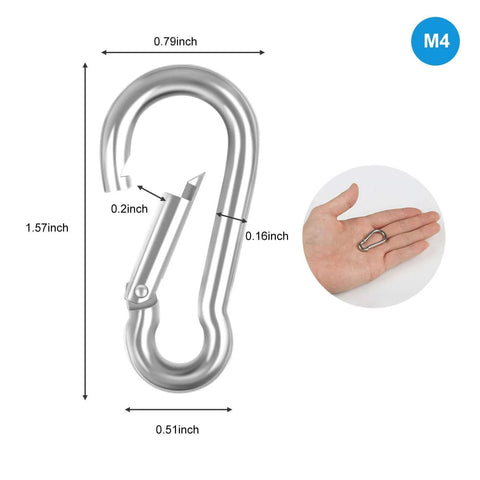 Diagram of 10 Pack Stainless Steel Carabiner Clips 304 Brushed Heavy Duty Spring Snap Hook M4 1.57 Inch with measurements and hand size comparison.