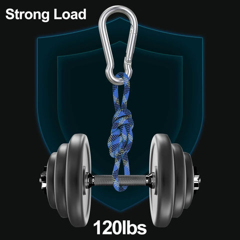 10 Pack Stainless Steel Carabiners Clips 1.57 Inch Small Spring Snap Hooks showing strong load support with 120 lb weight.