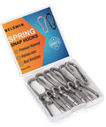 12 Pack Small Stainless Steel Carabiner Clips For Bird Feeders And Dog Leashes Harnesses Quick Link Keychains 40mm M4 Holds Up To 150 Lbs Durable 304 Stainless Steel, box open view.