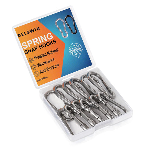 12 Pack Small Stainless Steel Carabiner Clips For Bird Feeders And Dog Leashes Harnesses Quick Link Keychains 40mm M4 Holds Up To 150 Lbs Durable 304 Stainless Steel, box open view.