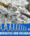 Stainless steel carabiners in various sizes with rope and wood background, labeled versatile and reliable.